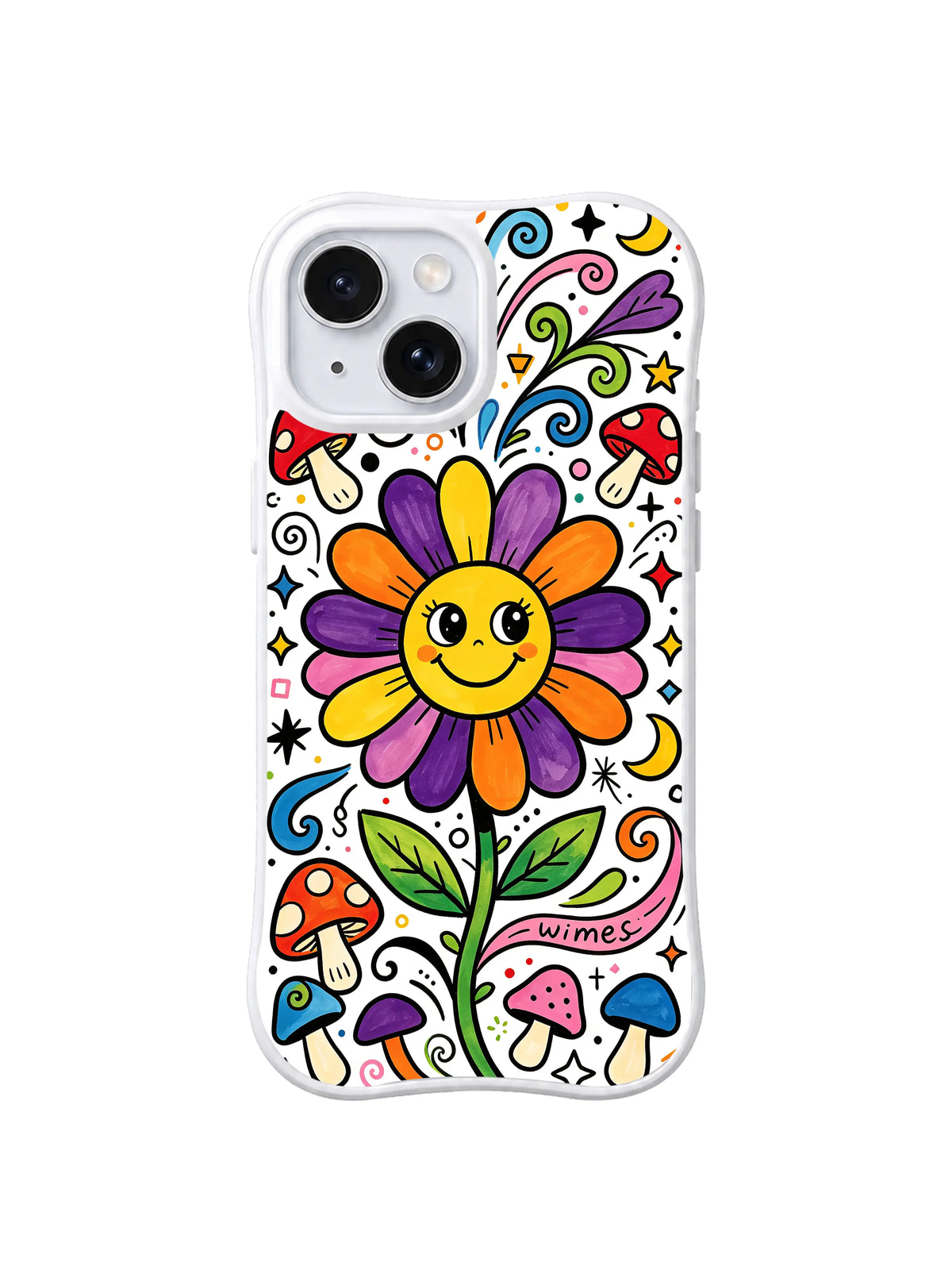 Purple Petal Smiling Flower: A yellow smiling face sits inside purple and orange petals among curling vines and mushrooms.