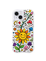 Sunny Laughing Flower Garden: A large yellow laughing flower rises from curling green stems among colorful mushrooms.