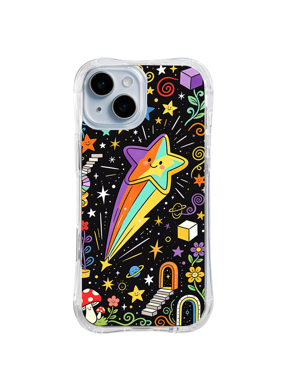 Shooting Star Playground: An orange shooting star with a long rainbow tail flies among stars, cubes and mushrooms.