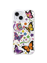 Butterfly Arcade Spiral: Colorful butterflies and handheld game devices orbit a dotted rainbow spiral.