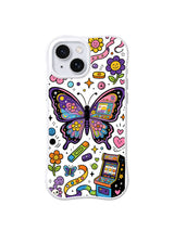 Rainbow Butterfly Game Garden: A large butterfly with game-screen wings is surrounded by buttons, flowers and arcade symbols.