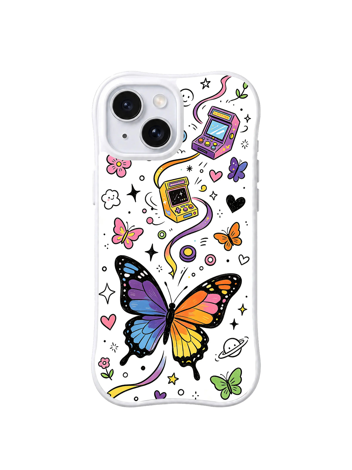 Butterfly Console Dream: A large blue-and-orange butterfly floats among handheld consoles, stars and small butterflies.
