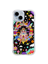 Cosmic Candy Castle: A bright candy castle sits inside a rainbow portal among stars, planets and mushrooms.