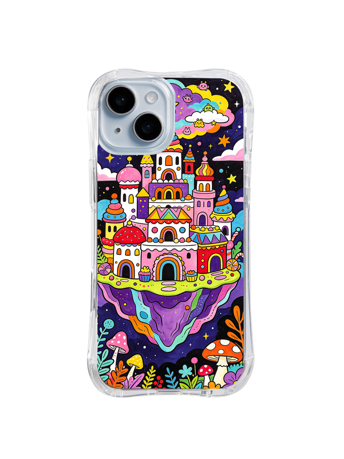 Rainbow Cloud Castle: A colorful castle floats on a purple island beneath a rainbow and candy-like clouds.
