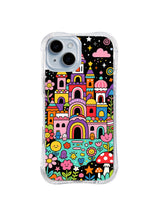 Midnight Flower Castle: Tall colorful castle towers rise from a dark garden of flowers, mushrooms and stars.