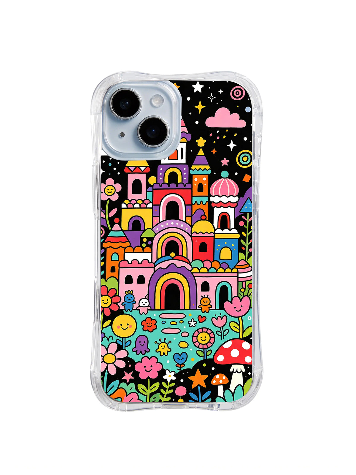 Midnight Flower Castle: Tall colorful castle towers rise from a dark garden of flowers, mushrooms and stars.