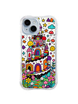 Candy Garden Castle: A stacked pink and orange castle stands among flowers, clouds, stars and mushrooms.