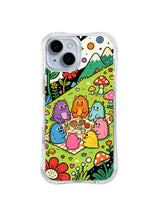 Hillside Monster Picnic: A group of colorful monsters gathers on a green hillside beneath mountains and mushrooms.