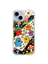 Rainbow Path Monster Parade: Cheerful monsters follow a winding rainbow path among hills, flowers and mushrooms.