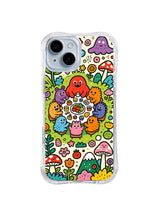 Mushroom Circle Monster Picnic: Bright monsters form a circle around picnic food among flowers and large mushrooms.