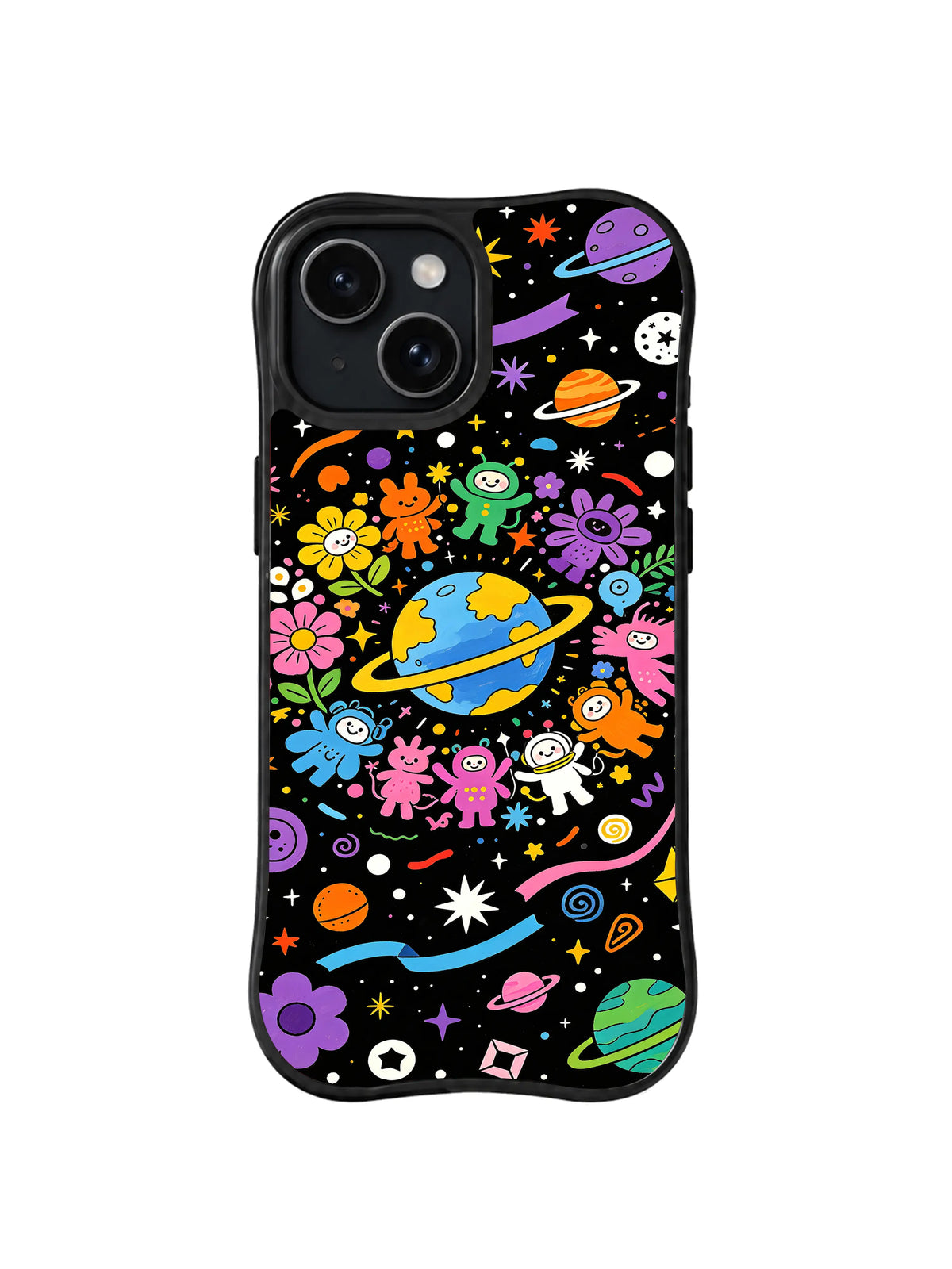 Planetary Flower Carnival: A large ringed blue planet is surrounded by flowers, stars and small colorful creatures.