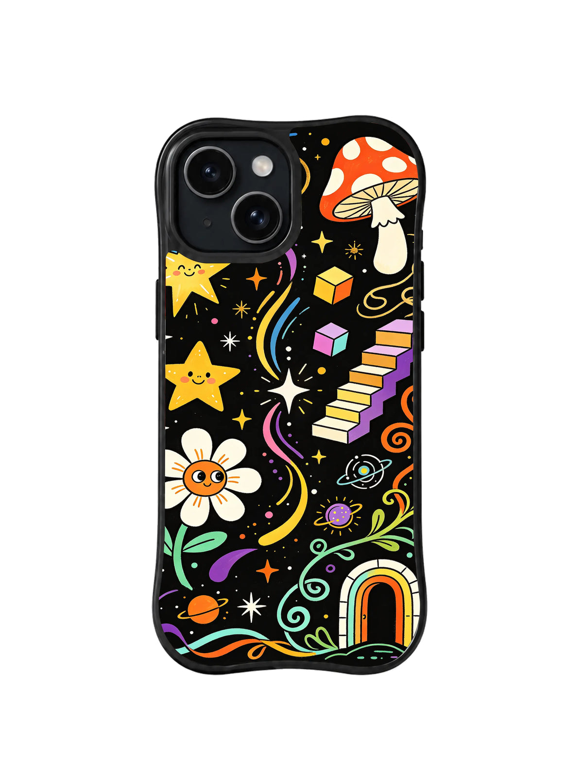 Mushroom Star Parade: A yellow star floats beside a red mushroom and spiral stairway among flowers and moons.
