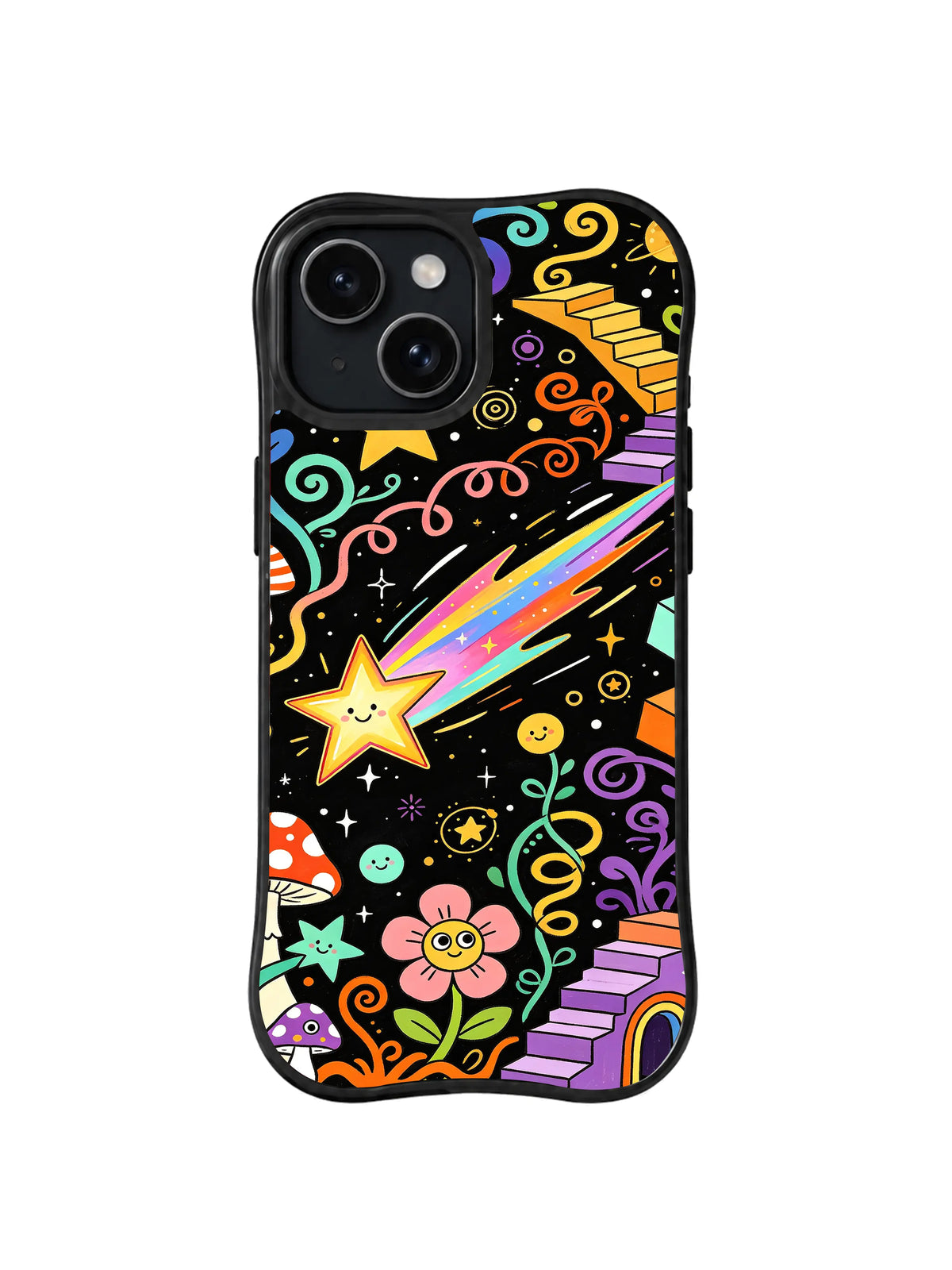 Candy Comet Garden Path: A bright star comet follows a rainbow path through flowers, curls and small cosmic shapes.