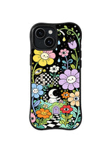 Moon Garden Checker Path: A crescent moon rests beside a black-and-white path among pastel flowers and vines.