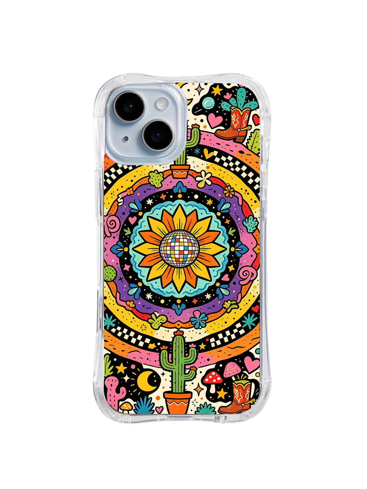 Desert Bloom Mandala: A central sunflower mandala is surrounded by cacti, mushrooms, rainbows, moons and stars.