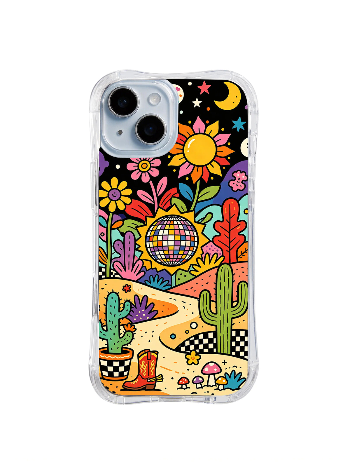 Disco Cactus Landscape: A mirrored disco ball sits above a desert path with cacti, flowers and a bright sun.