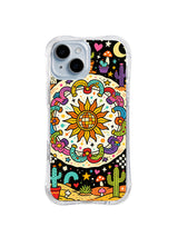 Sunflower Desert Medallion: An orange sunflower medallion is framed by cacti, mushrooms, hearts and celestial symbols.