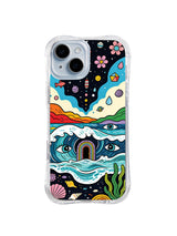 Eye Wave Doorway: A rainbow doorway rises from eye-shaped waves beneath flowers and a dark starry sky.