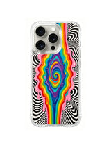 Optical Rainbow Portal: A concentric rainbow oval and vertical color stream divide black-and-white waves.