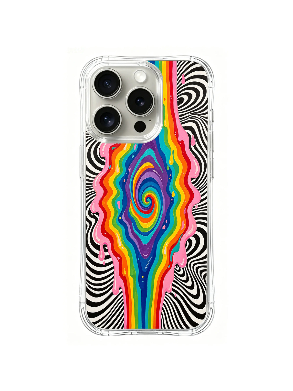 Optical Rainbow Portal: A concentric rainbow oval and vertical color stream divide black-and-white waves.