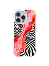 Coral Optical Escape: Çapraz mercan, pembe ve turuncu akış siyah-beyaz ışınsal alanların üzerinden geçer.