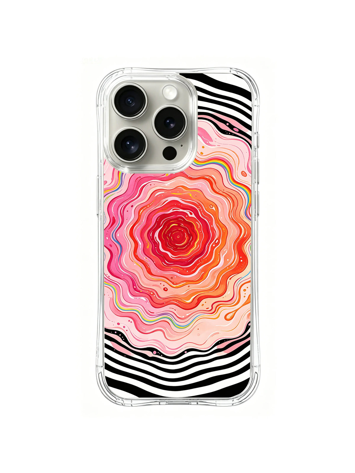 Blush Lava Rosette: Concentric pink and coral waves form a rosette between black-and-white stripes.