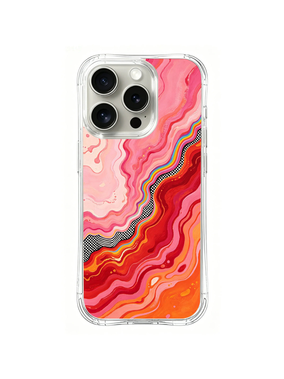Pink Magma Horizon: Layered blush, coral and orange waves meet dark patterned bands on a diagonal.
