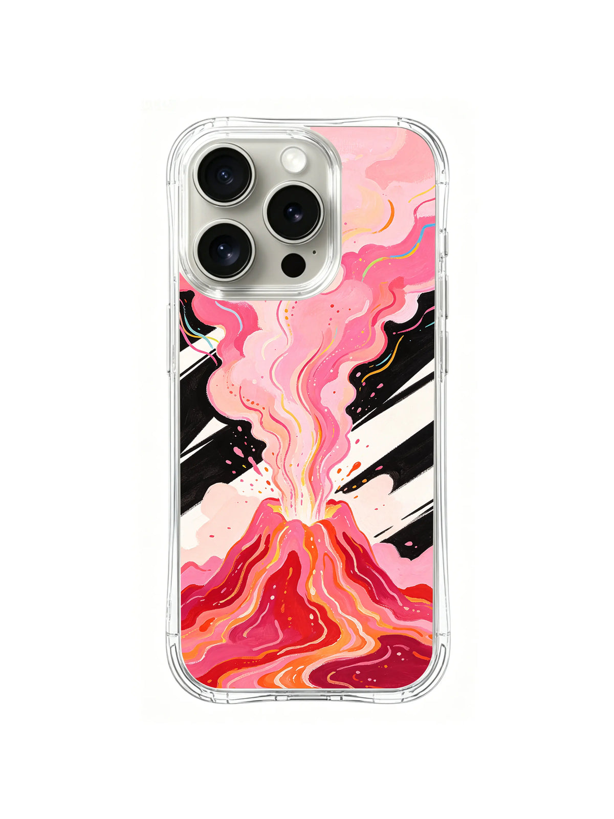 Blush Volcano Burst: Pink and orange liquid shapes rise from a striped volcanic burst.