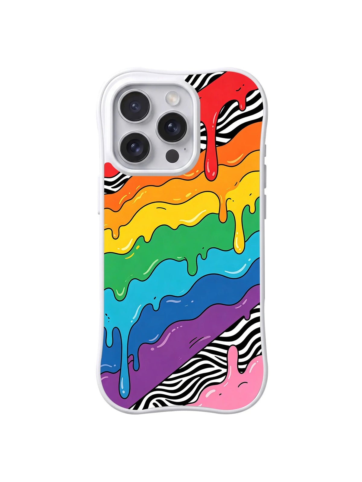 Rainbow Drip Horizon: Horizontal rainbow bands drip over black-and-white swirls.