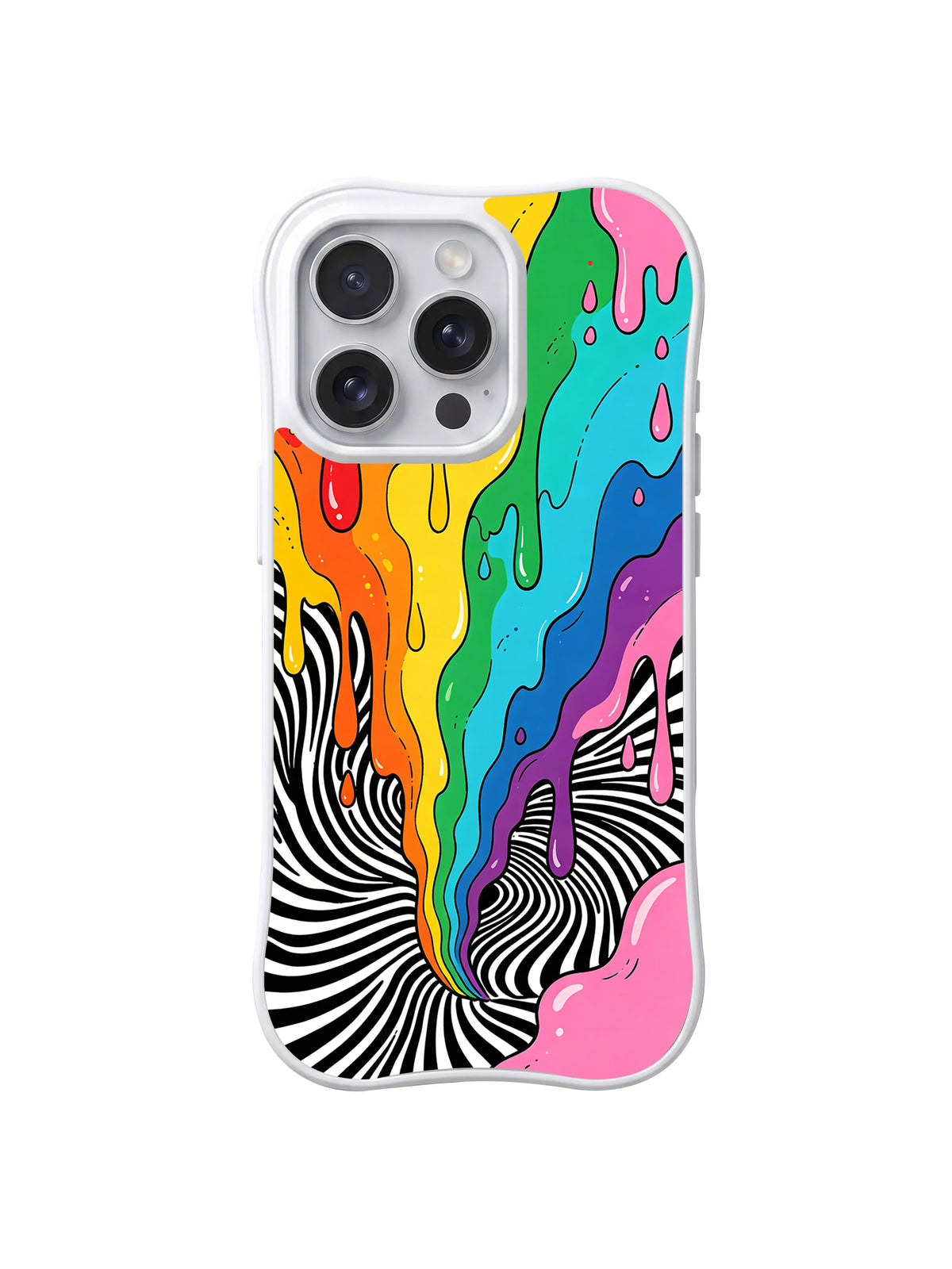 Optical Joyfall: A vertical rainbow stream descends into black-and-white radial waves.