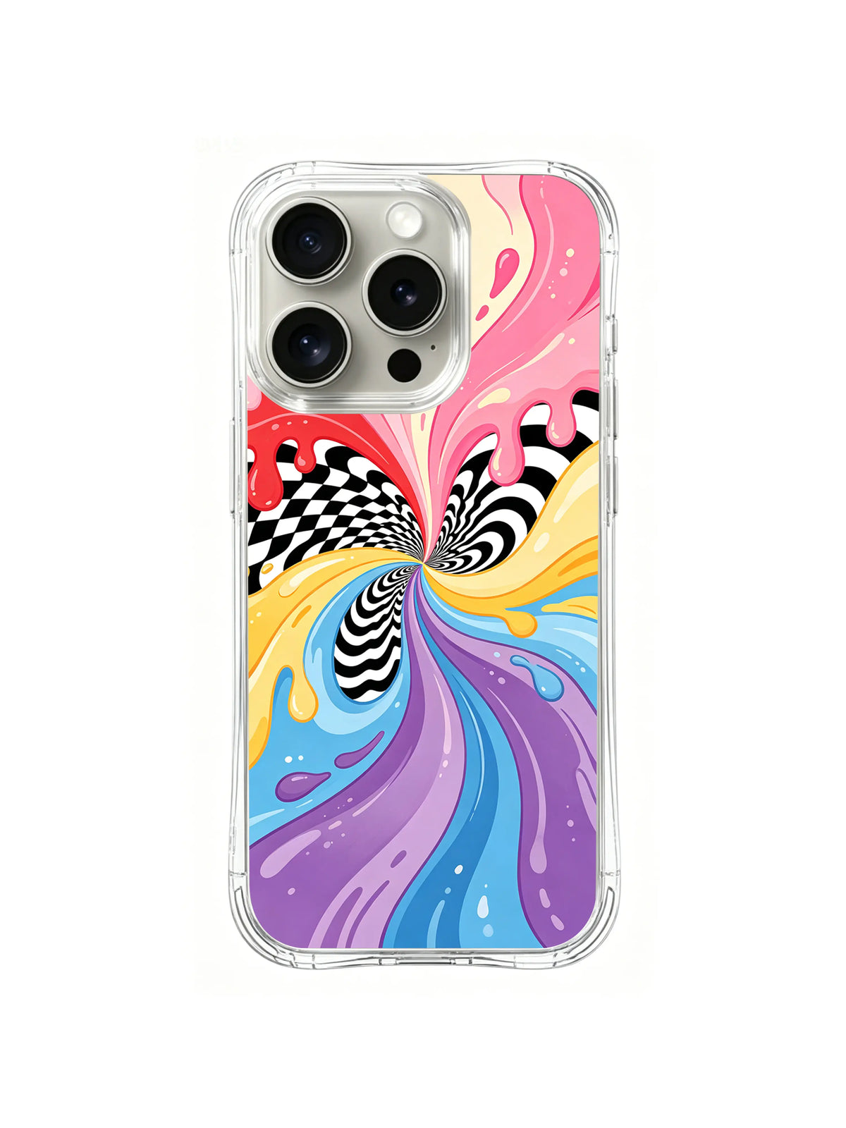 Candy Orbit Vortex: Pink, cream, yellow, blue and purple waves spiral around checkerboard accents.