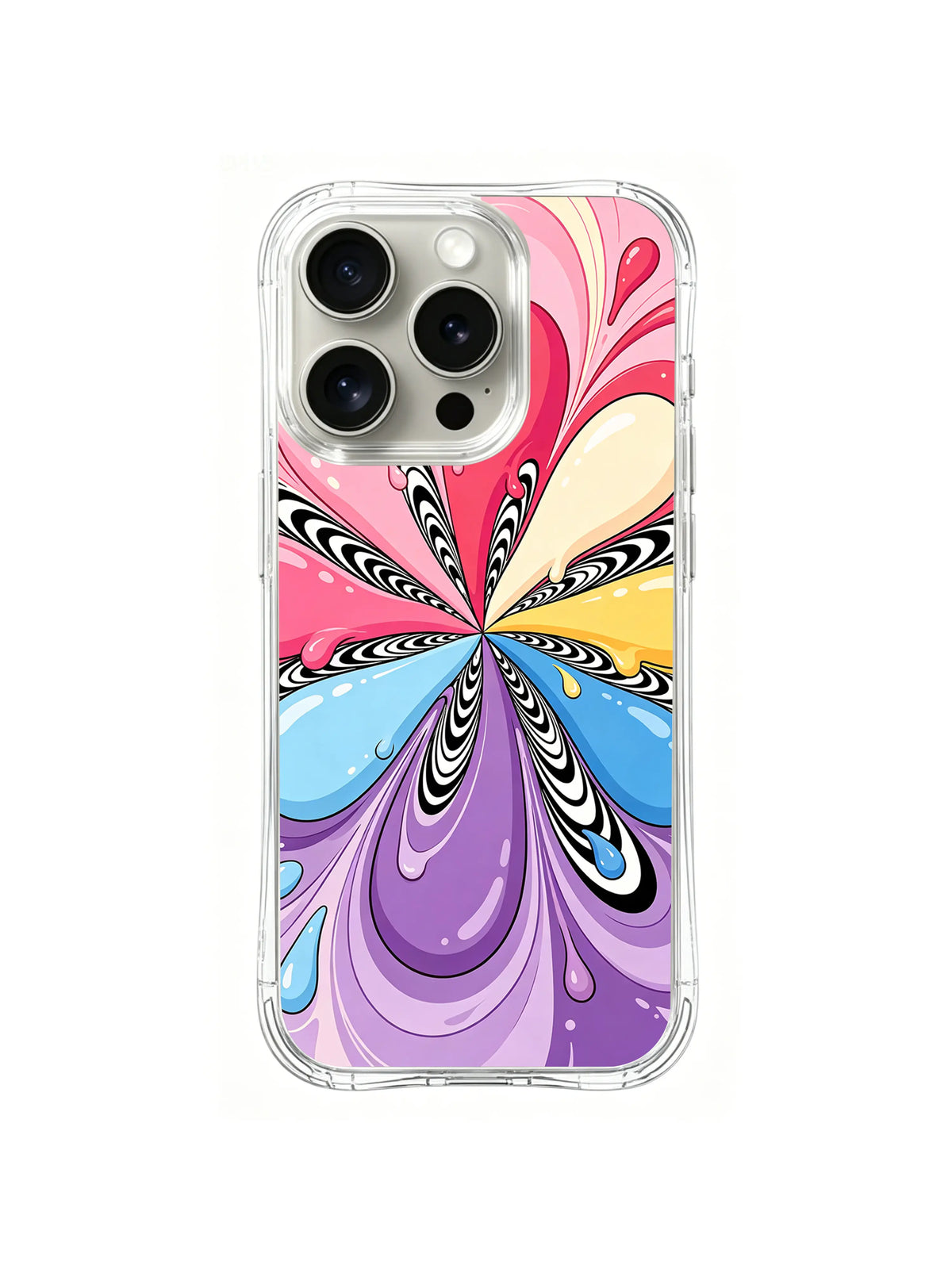 Heart Bloom Starburst: Pink, cream, blue and purple heart-like petals radiate from the center.