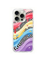 Liquid Orbit Ribbons: Diagonal pastel ribbons flow around black-and-white oval forms.