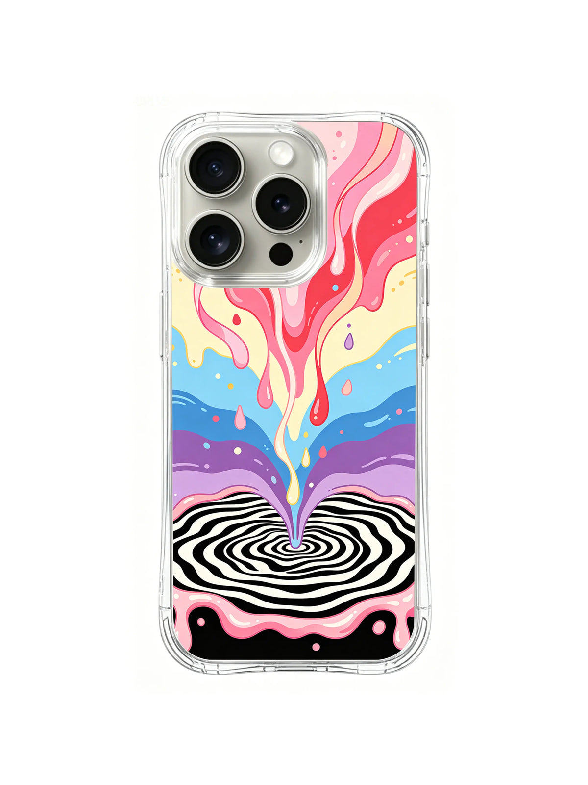Sweet Signal Portal: Pastel drips converge above a black-and-white circular ripple.
