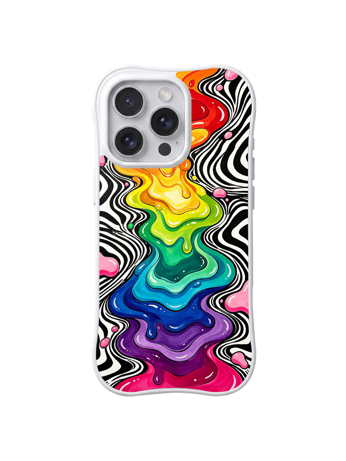 Prism River Rapids: A layered rainbow river winds through black-and-white swirls and pink droplets.