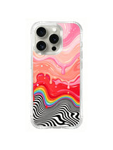 Blush Rainbow Echo: Layered pink waves and drips meet a rainbow band above a black-and-white lower field.