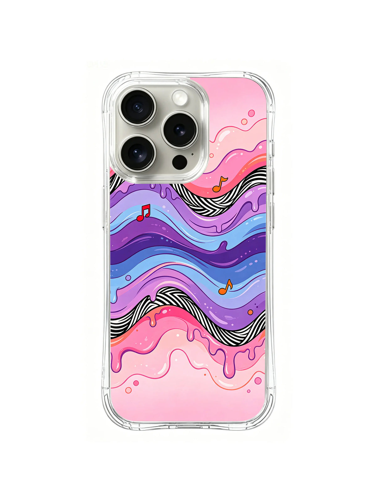 Bubblegum Wave Melody: Pink, purple and blue waves carry small music notes between black-and-white lines.