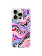 Pink Violet Melt: Interlaced pink, violet and blue waves run between black-and-white bands.