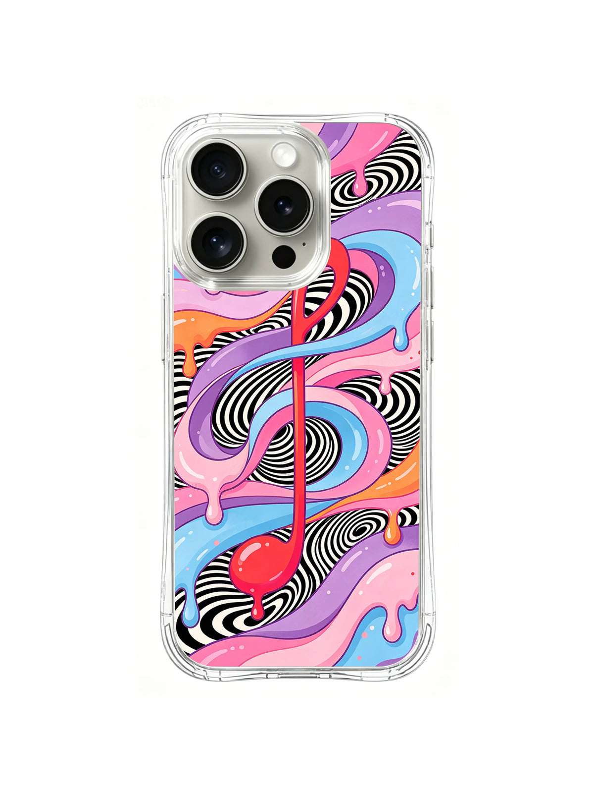 Treble Candy Storm: Pink, violet and blue ribbons twist around black-and-white swirls and music symbols.