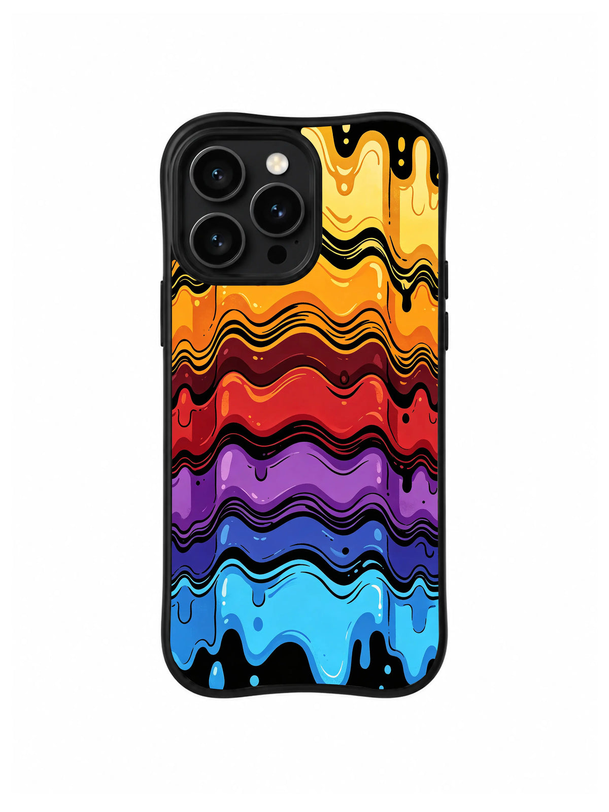 Melted Spectrum Bands: Horizontal yellow, orange, red, purple and blue bands end in liquid drips.