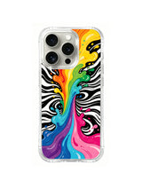 Prism Surge: A rainbow liquid splash rises against black-and-white rays.