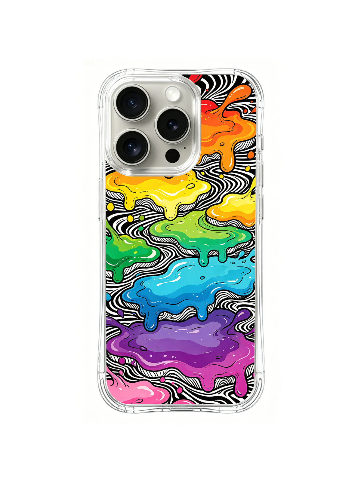 Color Cloud Cascade: Cloud-like orange, yellow, green, blue, purple and pink layers drip across black-and-white contours.