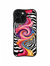Cherry Orbit Spiral: Pink, red, orange and purple currents spiral with cherries over black-and-white stripes.