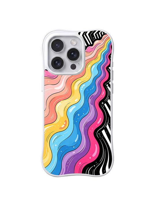 Candy Rainbow River: Çapraz pastel gökkuşağı bantları siyah-beyaz kenarın yanında akar.