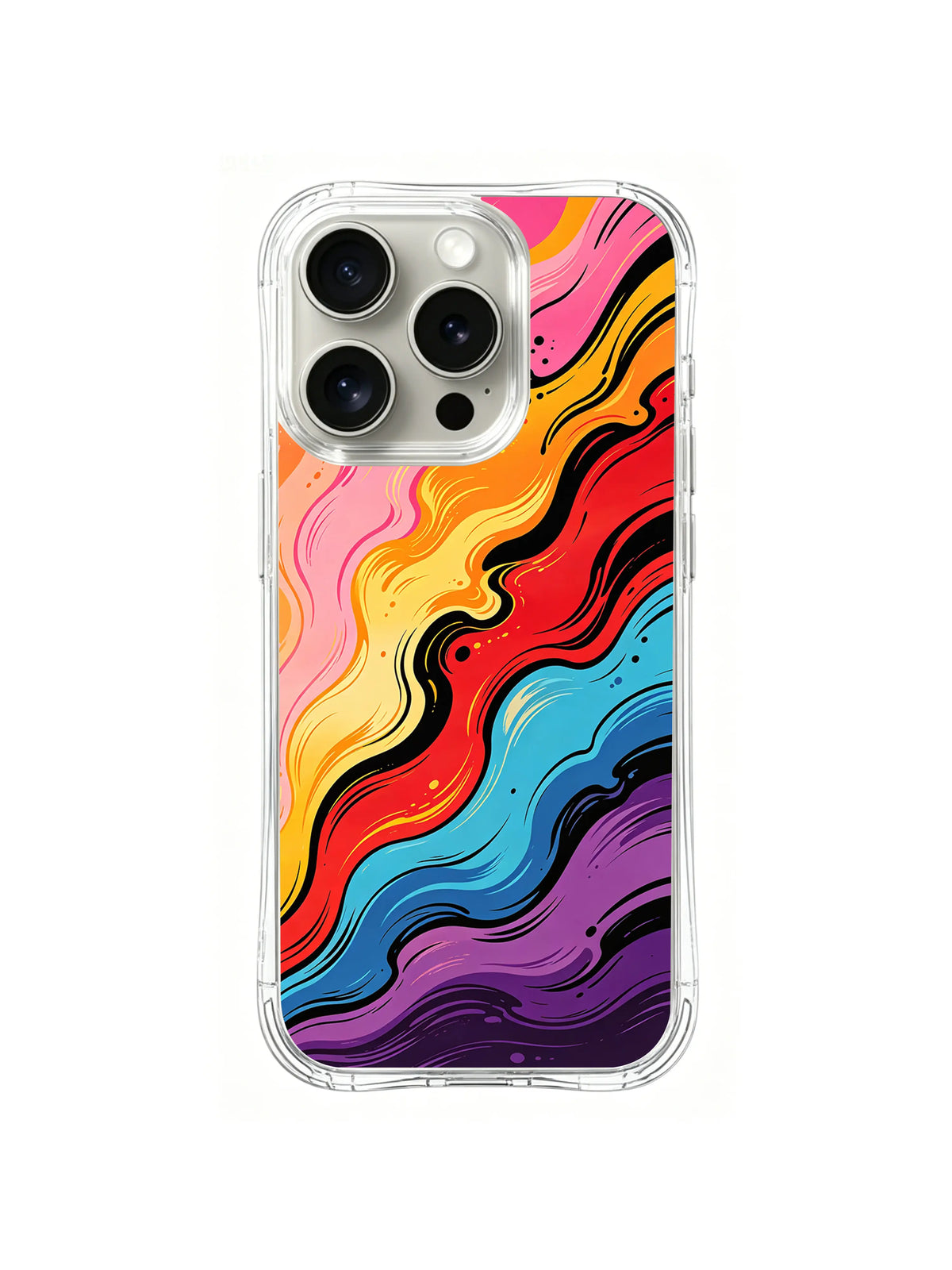 Sunset Color Currents: Diagonal pink, orange, yellow, red, teal and purple bands flow with dark outlines.