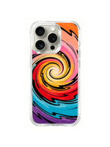 Coral Sunset Vortex: Coral, orange, yellow, red and teal bands form a round spiral.
