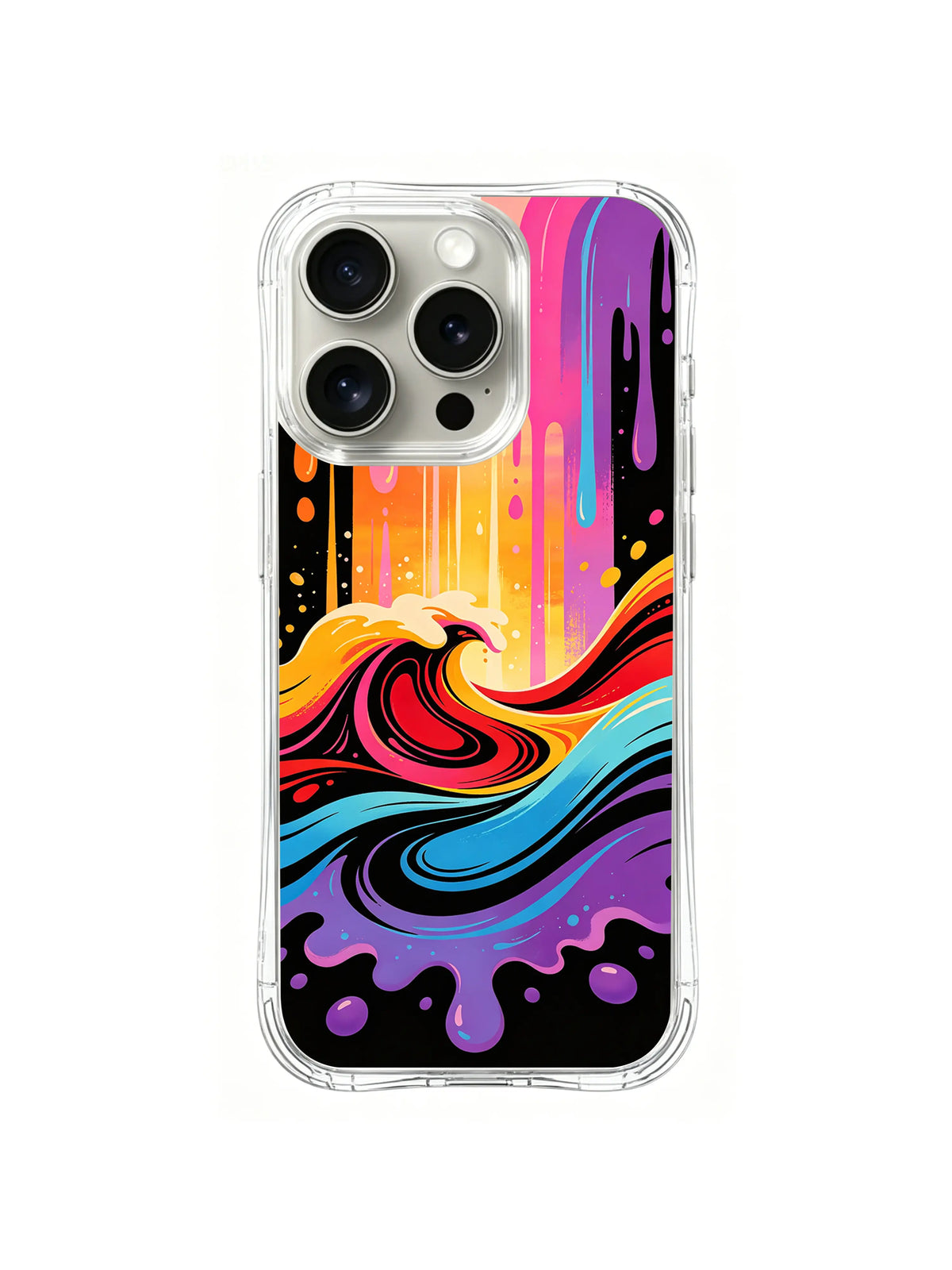 Neon Sunset Tide: A dripping pink, orange and purple sky meets red, teal and purple waves on black.