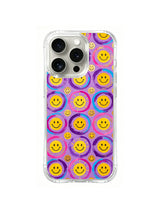 Lavender Smile Garden: Yellow smiley faces, purple rings and tiny flowers repeat over a lavender field.