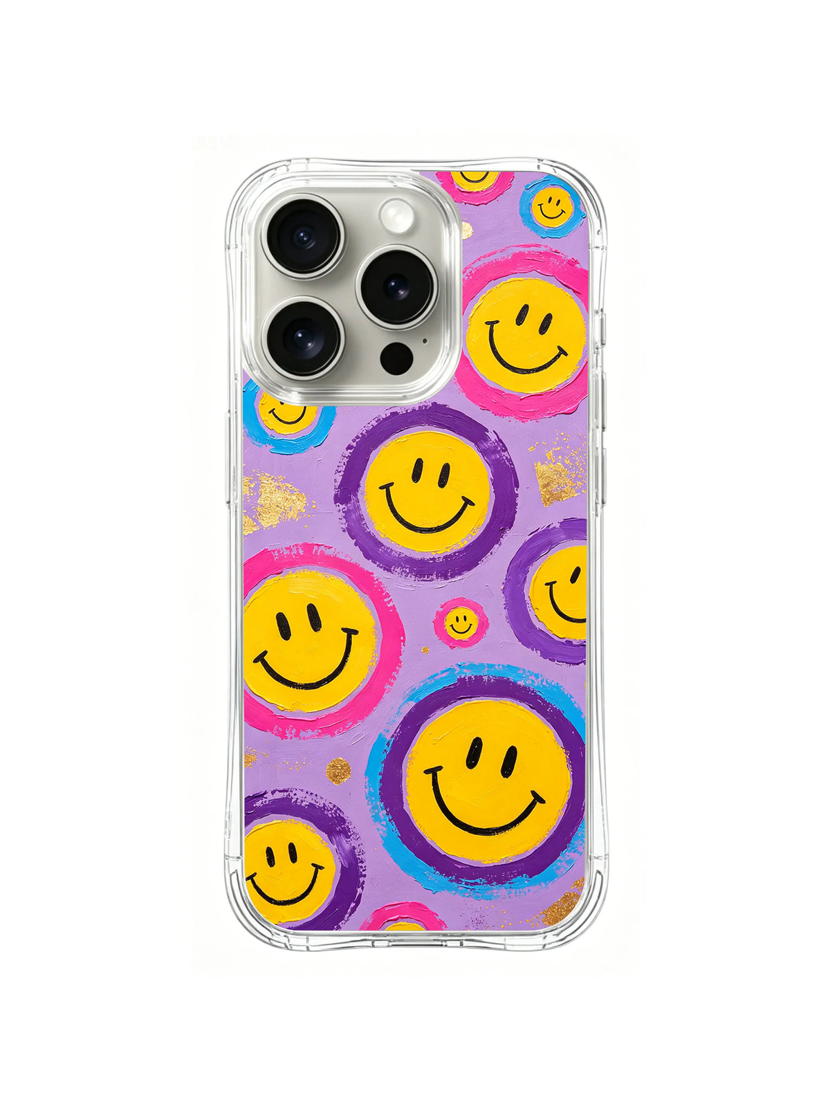 Golden Orbit Smiles: Large yellow smiley faces with purple rings sit among small pink and orange marks.
