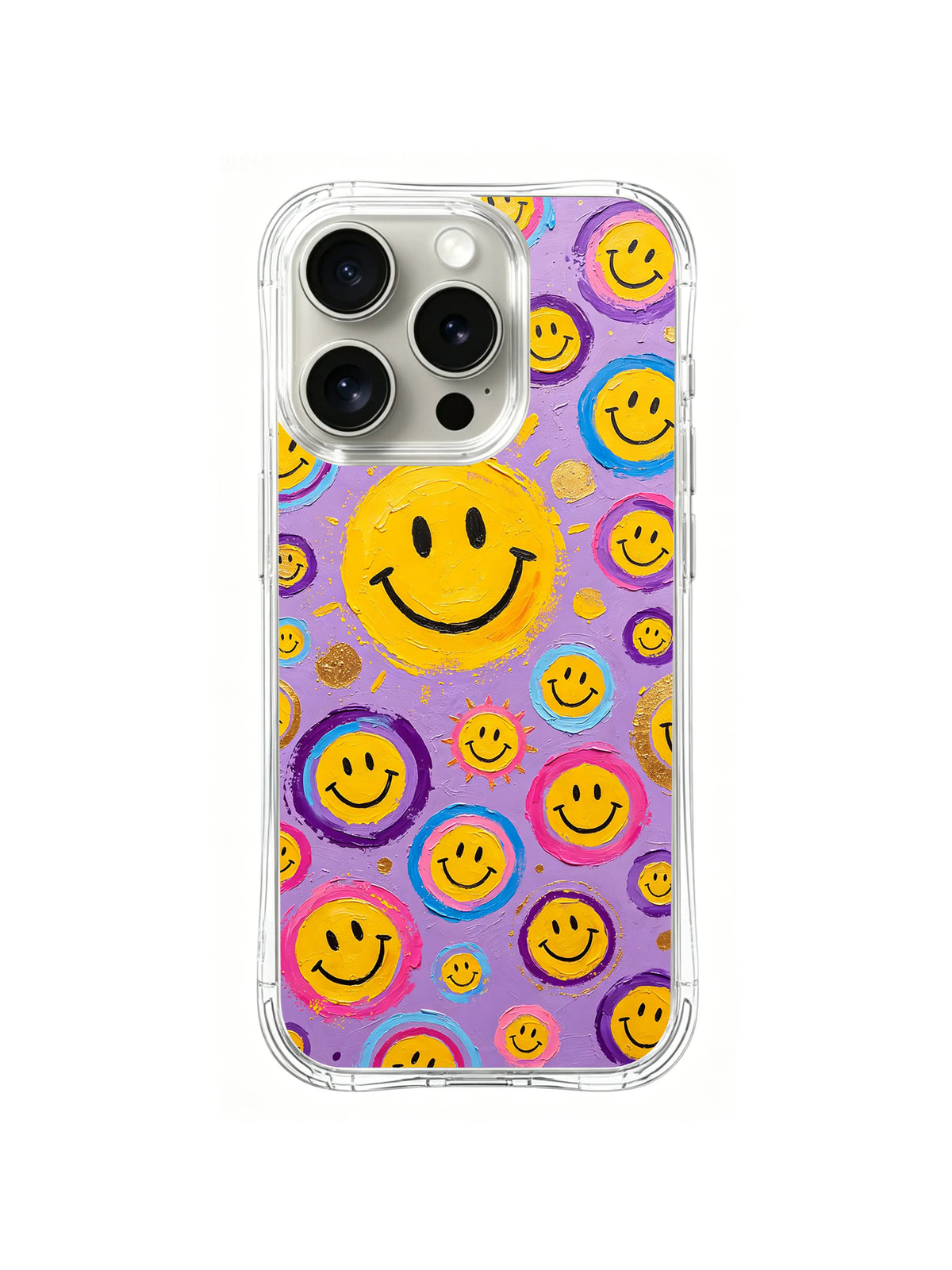 Sunshine Smile Meadow: Yellow smiley faces with blue and pink rings scatter among tiny floral dots.